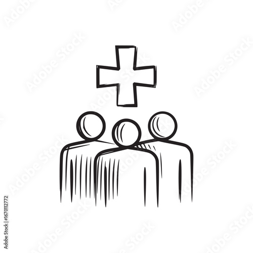 A simple sketch of medical team with a cross above their heads in black and white outline style
