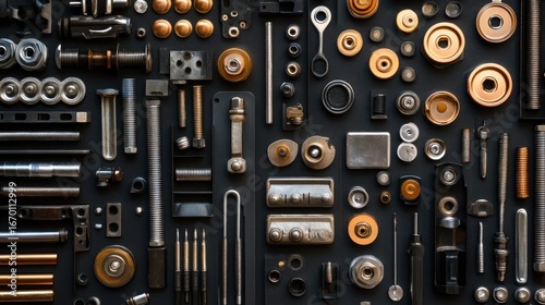 A meticulously arranged collection of industrial hardware and components on a flat surface