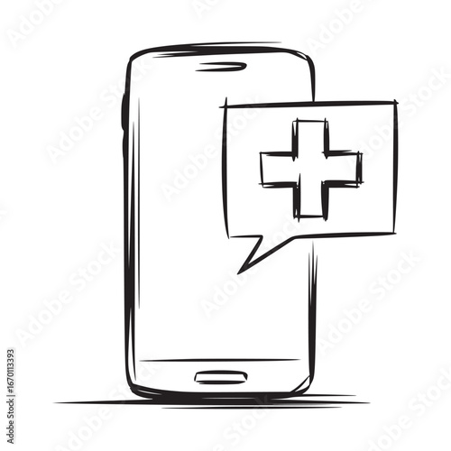 Sketch of a smartphone with a speech bubble containing a plus sign indicating health assistance online