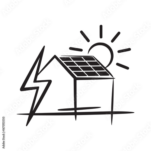 Illustration of a house with solar panels on the roof next to a lightning bolt and the sun shining