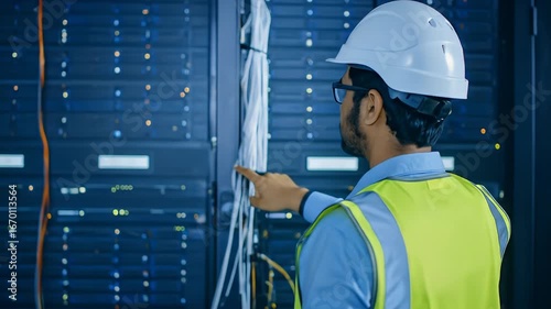 Male Technician Examining Servers in Data Center Wearing Safety Gear Examining Digital Infrastructure
