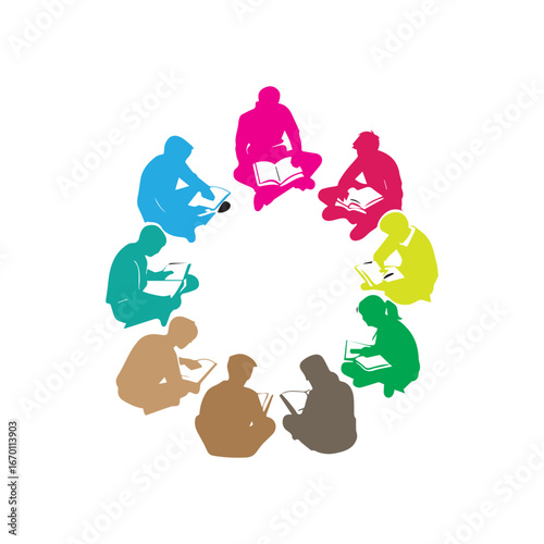 Vector art of diverse group of people sitting in a circle, reading books and engaging in learning, depicted in a colorful, abstract illustration