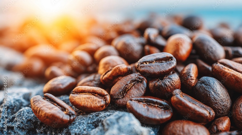 Fototapeta premium Freshly roasted coffee beans scattered on rocky surface at sunrise by the coast