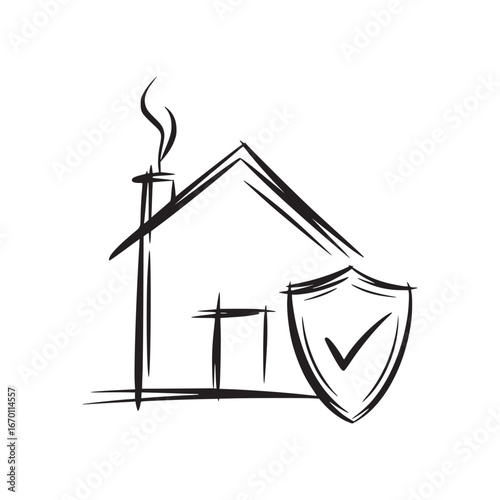 Sketch of a house with smoke coming from the chimney and a shield with a checkmark next to it