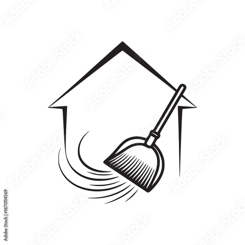 Illustration of a house outline with a dustpan cleaning effect in black and white style design vector