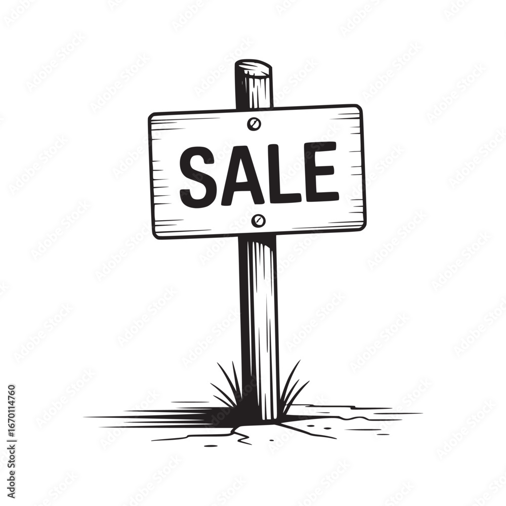 A black and white drawing of a sale sign on a wooden post stuck in the ground with grass around it A black and white drawing of a sale sign on a wooden post stuck in the ground with grass around it
