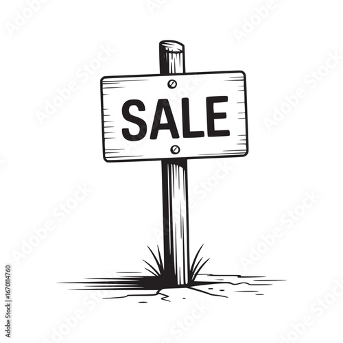 A black and white drawing of a sale sign on a wooden post stuck in the ground with grass around it