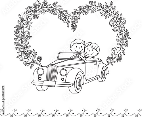 Love on the Road: An idyllic illustration of a couple embracing the romance of a vintage car framed within a floral heart, perfect for expressing feelings of love.