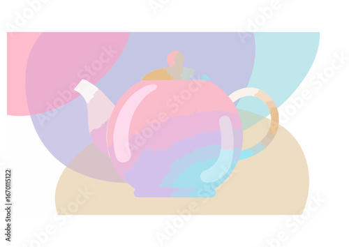 Cartoon teapot with expressive eyes and steam on light gray background for kitchenware concept
