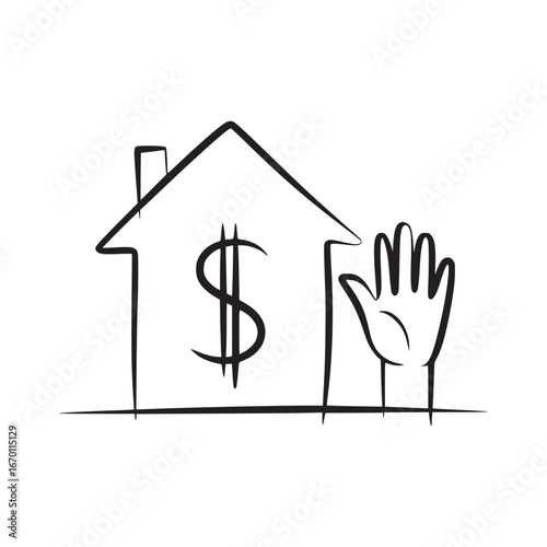 A simple line drawing of a house with a dollar sign and a hand on a white background design art