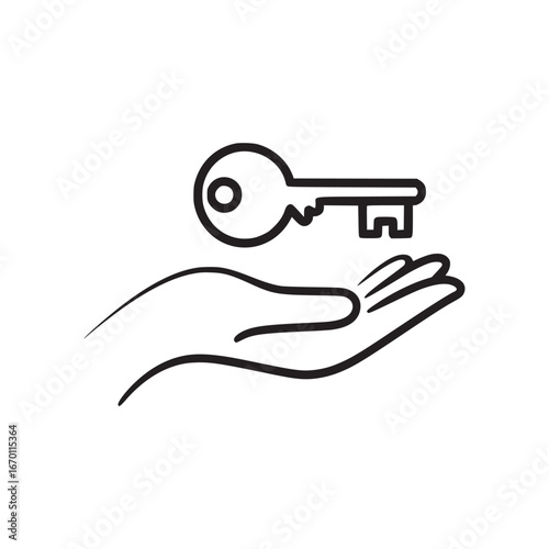 A minimalist line art depiction of a hand offering or receiving a key in a simple design style