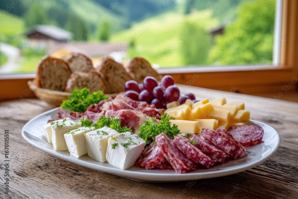 Assorted platter featuring cheeses, cured meats, fresh grapes, and herbs, beautifully arranged on a wooden table, evoking a festive atmosphere for gatherings and celebrations Assorted platter featuring cheeses, cured meats, fresh grapes, and herbs, beautifully arranged on a wooden table, evoking a festive atmosphere for gatherings and celebrations