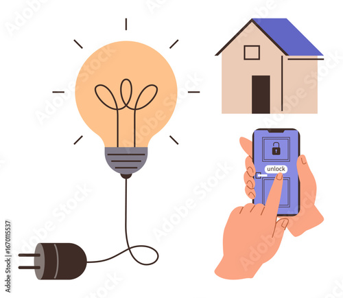 Lightbulb plugged in with glowing effect, house icon, and hands using a smartphone to unlock with touch. Ideal for smart technology, home automation, connectivity, innovation, energy efficiency