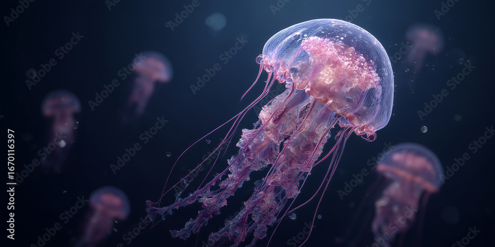 Fototapeta premium Glowing jellyfish underwater with translucent bodies and delicate tentacles in deep blue ocean, showcasing marine life and ocean beauty.