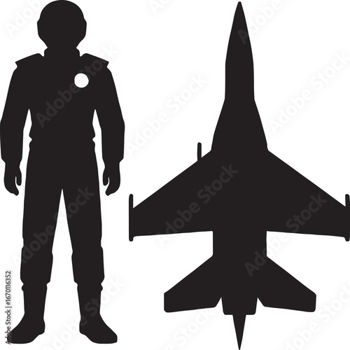 A black-and-white silhouette featuring a pilot in full flight gear, including helmet, boots, and detailed uniform with epaulets and chest emblem. Above the pilot is a jet aircraft viewed from above, s