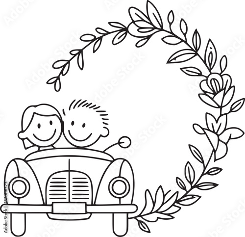 Joyful Road Trip: A charming illustration captures a couple's elation as they embark on a joyous road trip, their smiles framed by a delightful floral wreath.