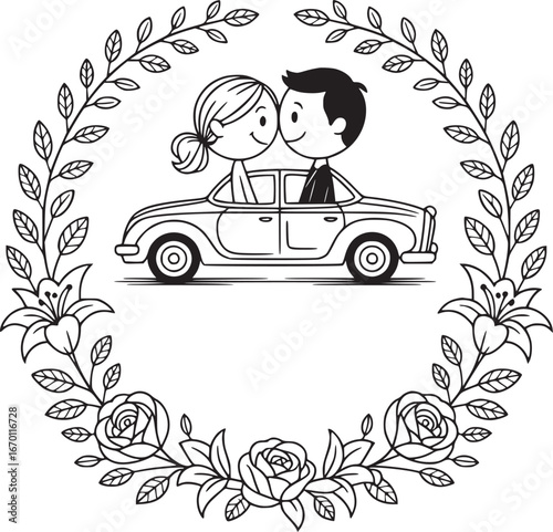 Couple in Love Ride : A hand-drawn illustration captures a couple sharing a romantic moment in a classic car. Framed by an elegant floral wreath, it exudes feelings of love, togetherness.