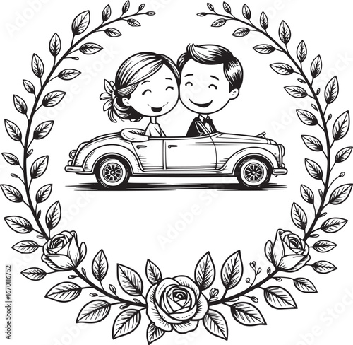 Everlasting Love and New Beginnings: Charming cartoon couple happily embarking on their journey in a vintage car, embraced by a floral wreath. capturing a heartwarming tale of love and commitment. 