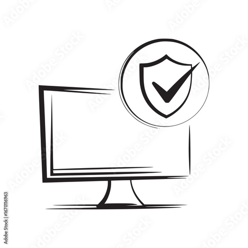 A stylized computer monitor with a security shield and check mark in a circular outline icon above it