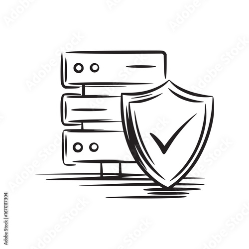 A sketched server stack with a shield and checkmark indicating data protection and security measures in place