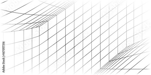 Futuristic perspective grid box. Abstract wireframe with black grid lines on a white background. Virtual reality landscape in the digital style of the 80s and 90s. Vector.