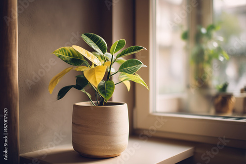 Indoor green plant in textured pot near window with natural light, cozy home decor, bright leaves, warm tones, and peaceful atmosphere.