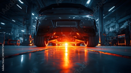 Dramatic, low-angle photograph shows a car's undercarriage on a hydraulic lift, with intense orange accent lighting highlighting the complex suspension and chassis.