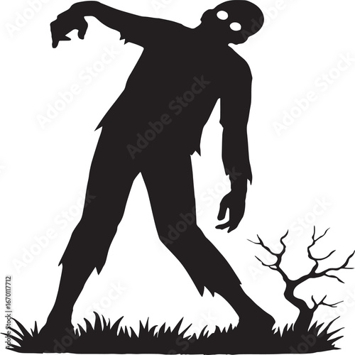 A black-and-white silhouette illustration of a zombie-like figure standing on grass with one arm raised and the other hanging loosely. The character has hollow circular eyes, a tilted head, and tatter
