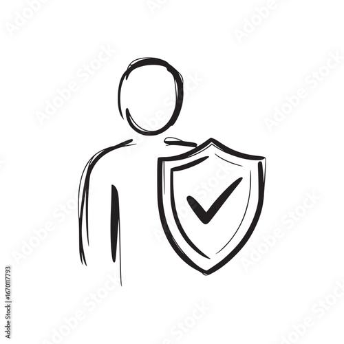 Doodle style illustration of a person with a shield and check mark in black and white simple design