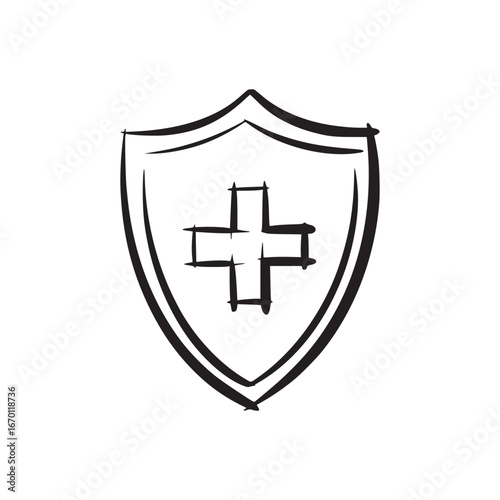 A hand drawn shield with a cross inside representing protection and safety in black and white art