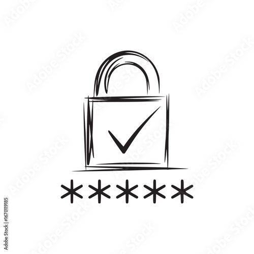 A sketchy style drawing of a padlock with a checkmark and asterisks for password security concept