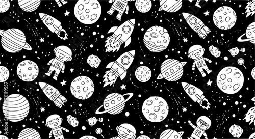 Fun outer space adventure with planets rockets and spacemen creating an engaging cartoon pattern for kids

