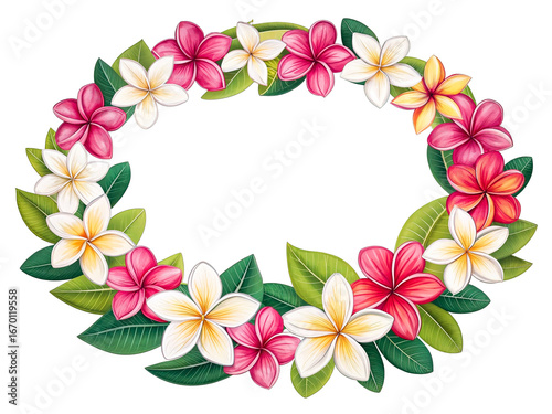 Tropical flower wreath, Hawaiian lei clipart with colorful blooms, isolated on transparent.