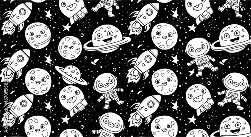 Fun outer space adventure with planets rockets and spacemen creating an engaging cartoon pattern for kids
