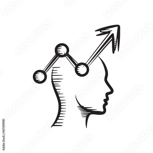 A sketch of a head with an arrow and a graph showing growth on top of the head in black and white