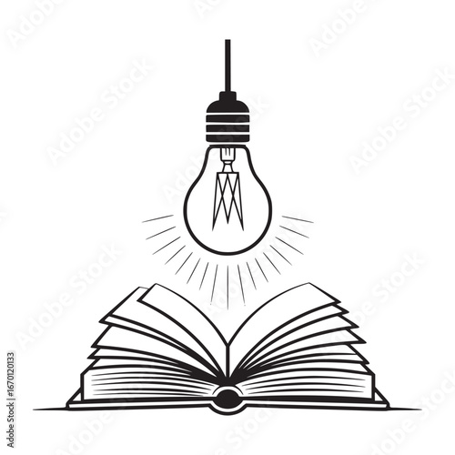 An open book with a lightbulb hanging above it emitting rays of light in a black and white illustration