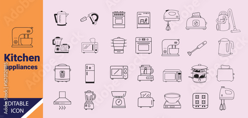 Line art shows assorted kitchen appliances like oven, toaster, blender and microwave isolated on white