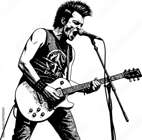 monochrome vector rockstar musician guitar in mezzotint photocopy effect, for grunge punk y2k collage design. guitarist vocalist retro elements. brutalist vintage illustration music poster.