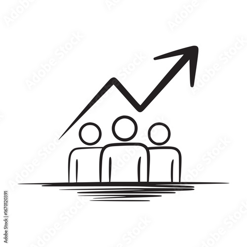 A simple drawing of three stick figures with an arrow pointing upwards above them in black and white