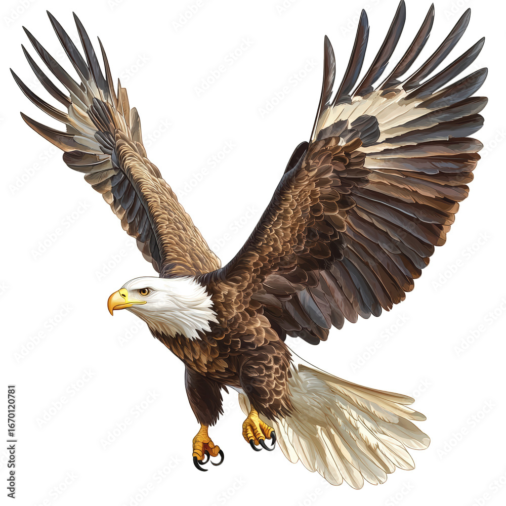 Obraz premium Majestic bald eagle flying with wings spread isolated on transparent background in studio