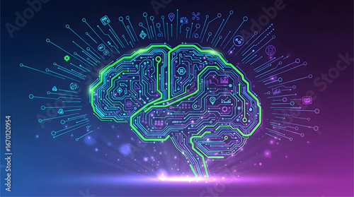 Digital brain circuit illustration with connected icons and glowing light effects on a gradient background