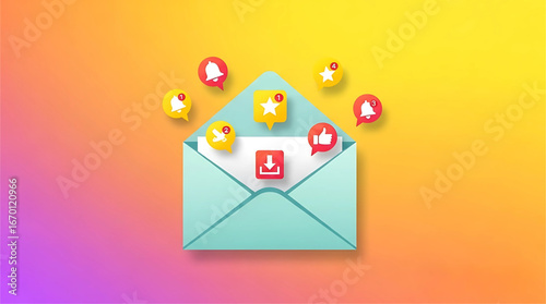 Illustration of an open envelope with notifications and download icon on a colored gradient background, image design concept.