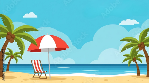 Illustration of a beach scene with palms umbrella chair and ocean under a cloudy sky in daytime