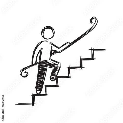 A sketchy drawing of a person climbing stairs while holding onto a railing on a white background
