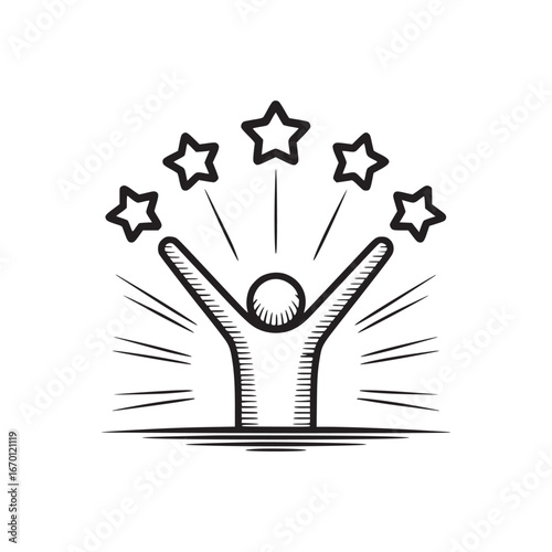 A sketch of a person with arms raised beneath five stars radiating light on a white background design