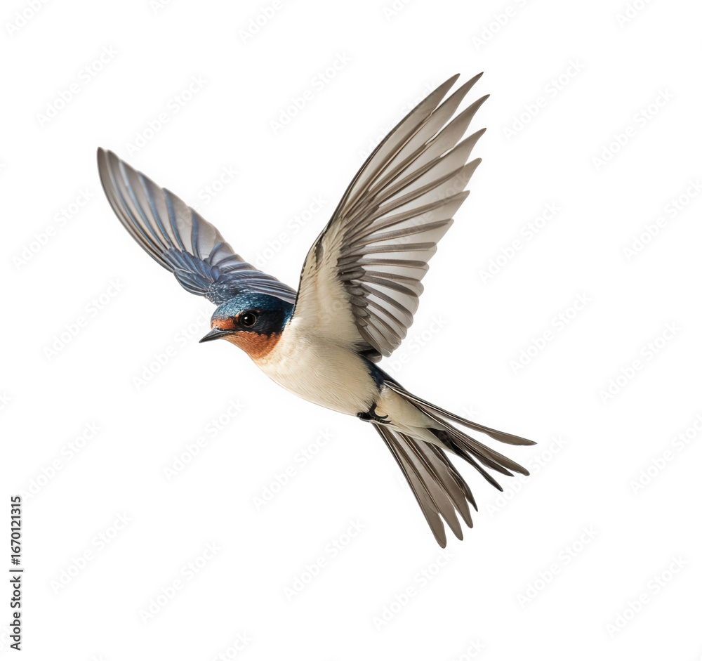 Fototapeta premium Barn swallow in flight, wings spread, isolated on transparent background