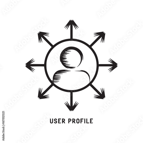 A user profile icon surrounded by arrows pointing outwards in a circular arrangement design style