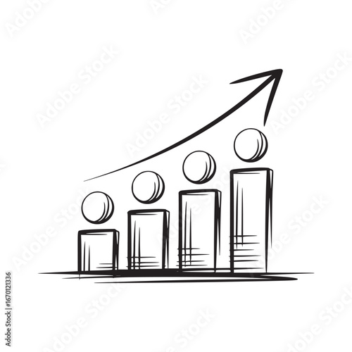 Sketch of a bar graph showing upward trend with circles on top and an arrow pointing up and to the right