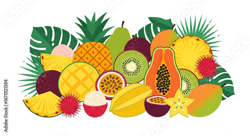 Illustration of a variety of exotic fruits, including pineapple, mango, papaya, kiwi, and star fruit, decorated with tropical leaves.