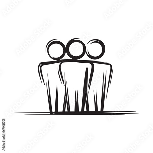 A simple black and white drawing of three stick figures standing together with circle heads design